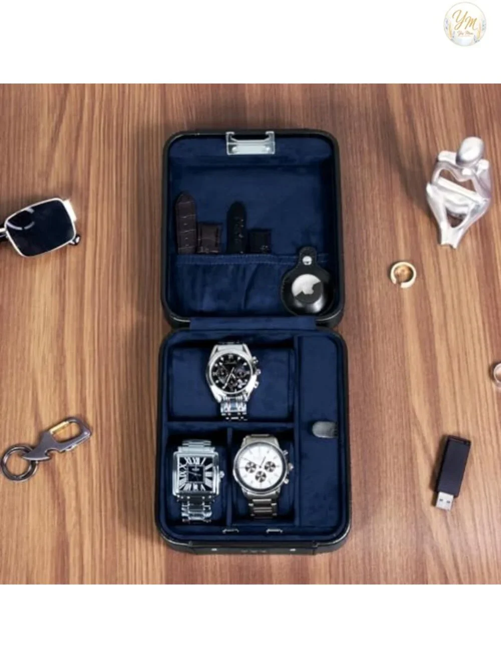 Leather Watch Travel Case with Combination Lock - 4 Slot Storage Box for Men,